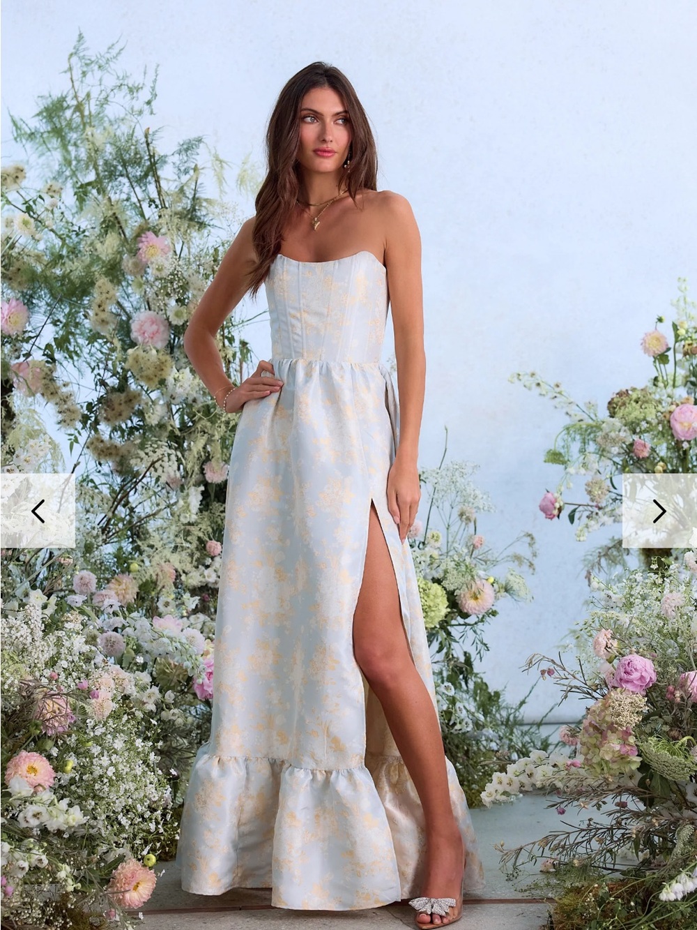 Strapless Light Blue & Gold Floral Sweetheart Maxi Dress - Picture 5 of 16